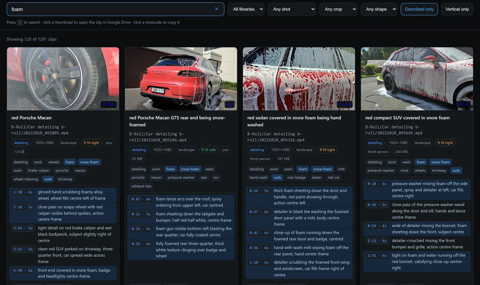 A search for foam: red cars covered in snow foam, each clip with a written description of every moment